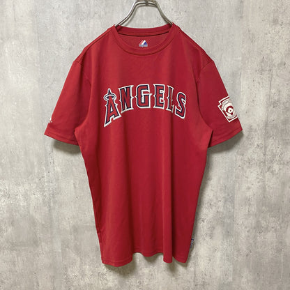 古着 used　majestic ANGELS　エンゼルス　MLB　半袖クルーネックゲームシャツ　ユニフォーム　赤　Mサイズ