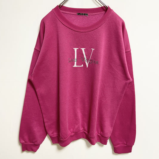 古着 used　Las Vegas ラスベガス　長袖刺繍スウェット　トレーナー　ピンク　クルーネック　レトロデザイン