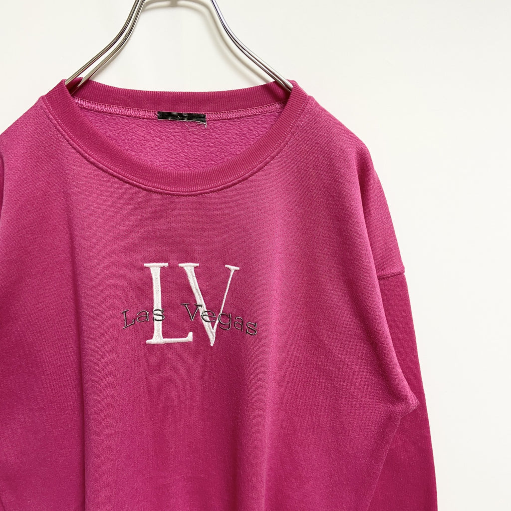 Las Vegas ラスベガス　長袖刺繍スウェット　トレーナー　ピンク　クルーネック　レトロデザイン　古着