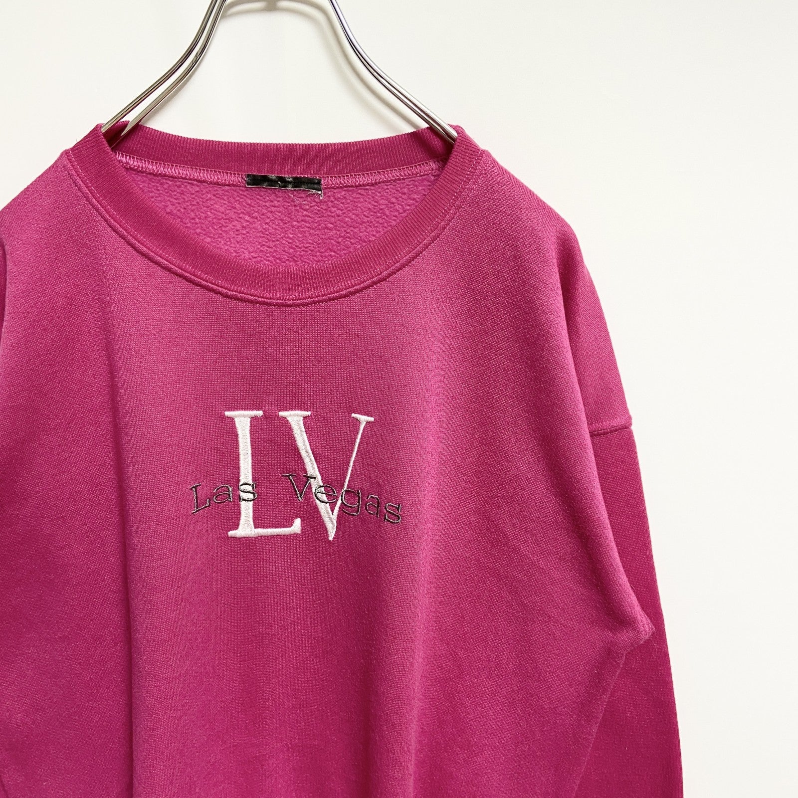 Las Vegas ラスベガス　長袖刺繍スウェット　トレーナー　ピンク　クルーネック　レトロデザイン　古着