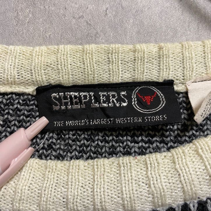 SHEPLERS　長袖ノルディック柄ニット　セーター　トナカイ　クルーネック　白　ホワイト　黒　ブラック　Mサイズ　古着