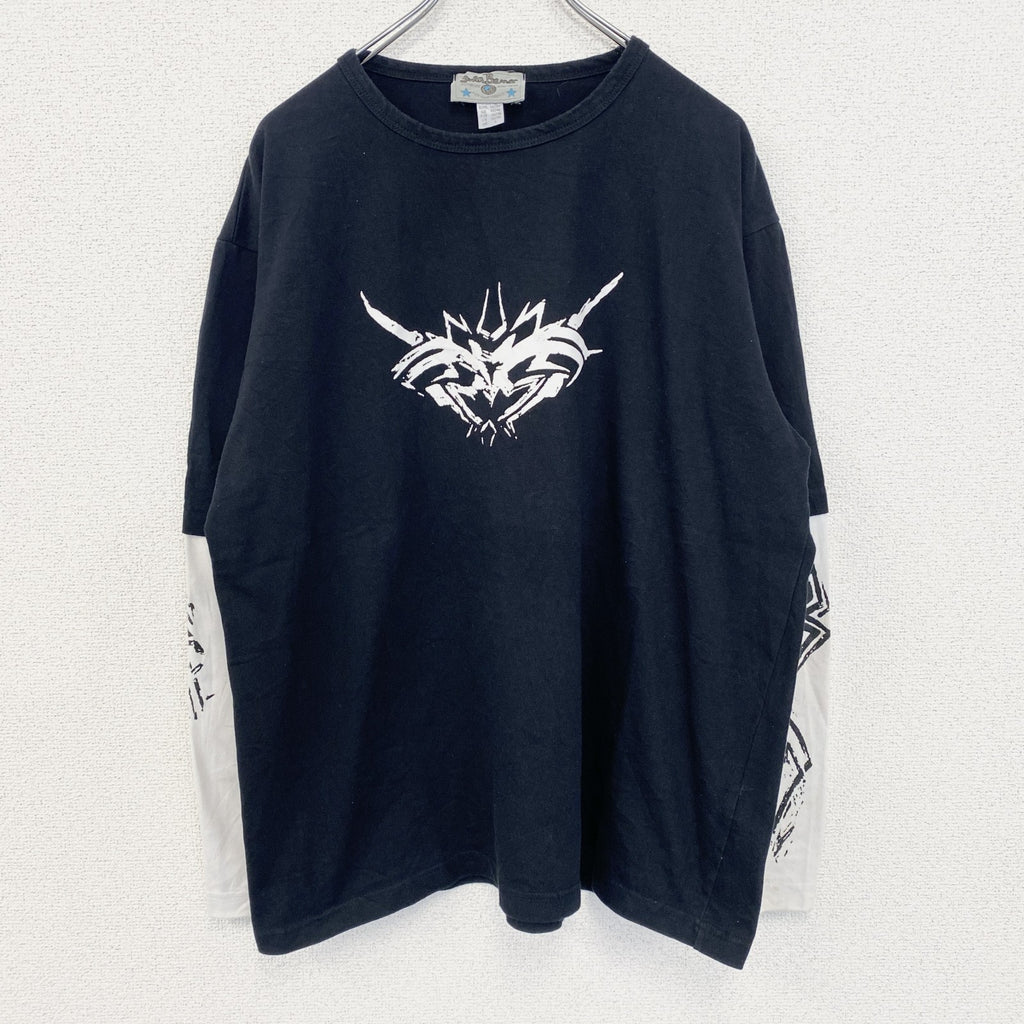 Anil Baner　長袖プリントTシャツ　バイカラー　カジュアルデザイン　クルーネック　白　ホワイト　黒　ブラック　春服　Lサイズ　古着