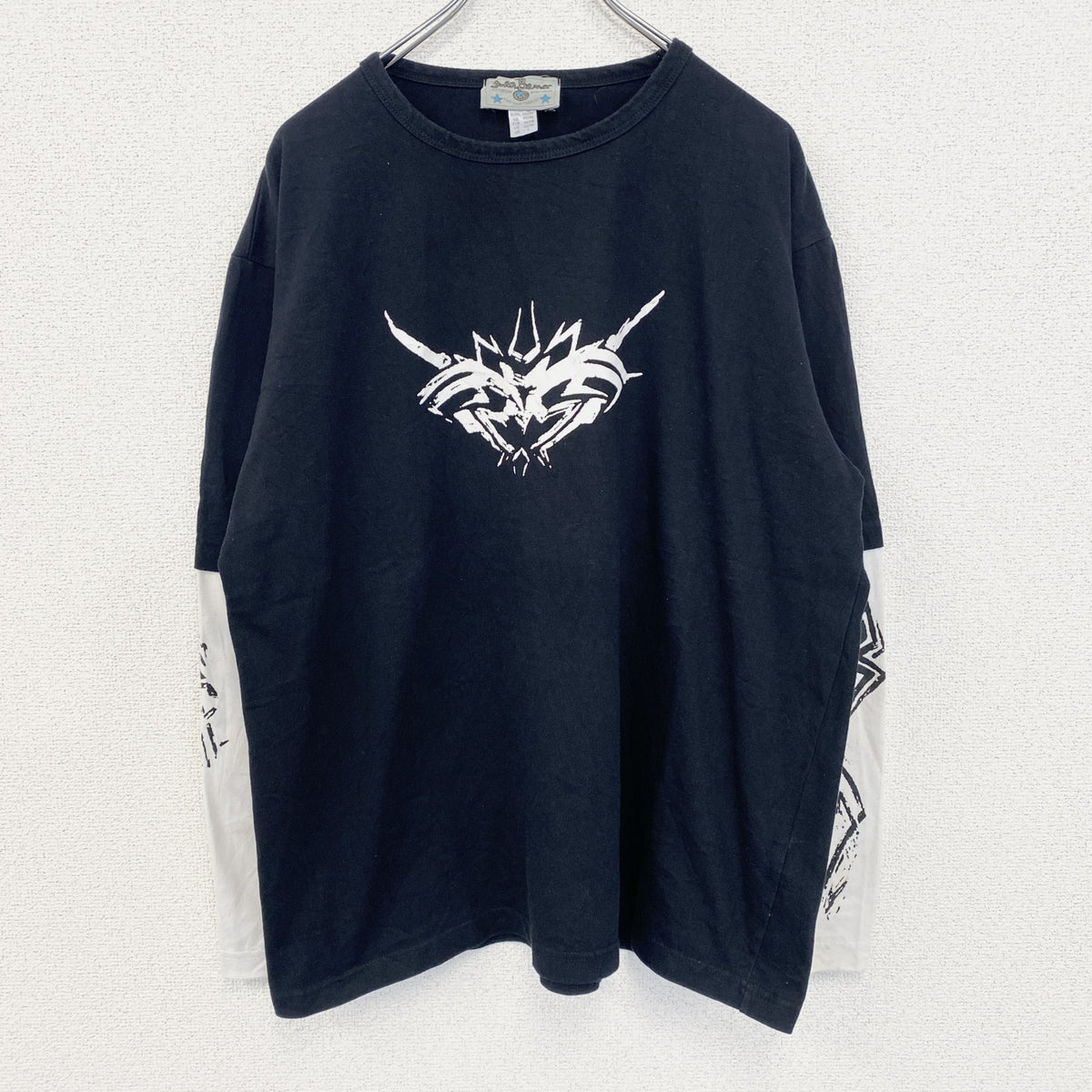 Anil Baner　長袖プリントTシャツ　バイカラー　カジュアルデザイン　クルーネック　白　ホワイト　黒　ブラック　春服　Lサイズ　古着