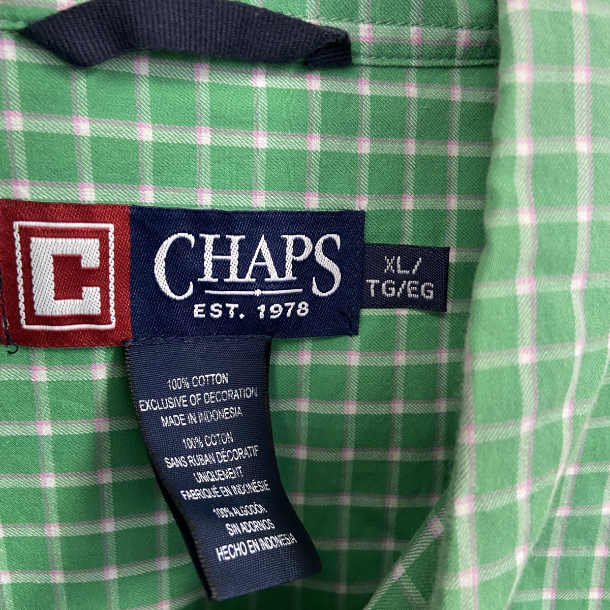 CHAPS　チャップス　長袖ボタンダウンシャツ　チェック柄　緑　グリーン　XLサイズ メンズ コットン 古着