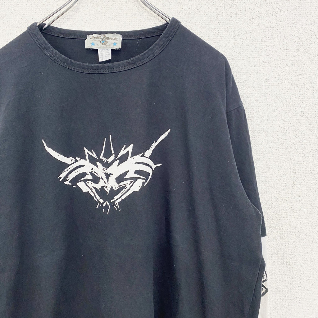 Anil Baner　長袖プリントTシャツ　バイカラー　カジュアルデザイン　クルーネック　白　ホワイト　黒　ブラック　春服　Lサイズ　古着