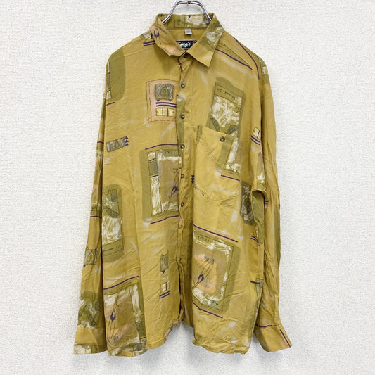 古着 used　King's Road　キングス ロード　長袖柄シャツ　総柄　胸ポケット　襟付き　カジュアル　黄色　Lサイズ
