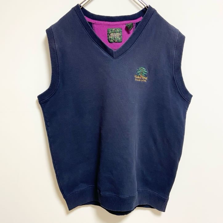 ～90s　RUGGEDPONIT　Vネックニットベスト　ワンポイント刺繍　森　ネイビー　紺　Lサイズ　　ヴィンテージ　古着