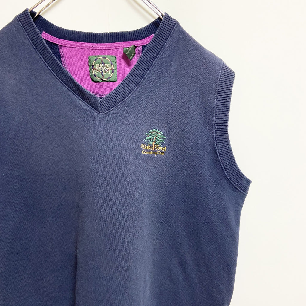 ～90s　RUGGEDPONIT　Vネックニットベスト　ワンポイント刺繍　森　ネイビー　紺　Lサイズ　　ヴィンテージ　古着