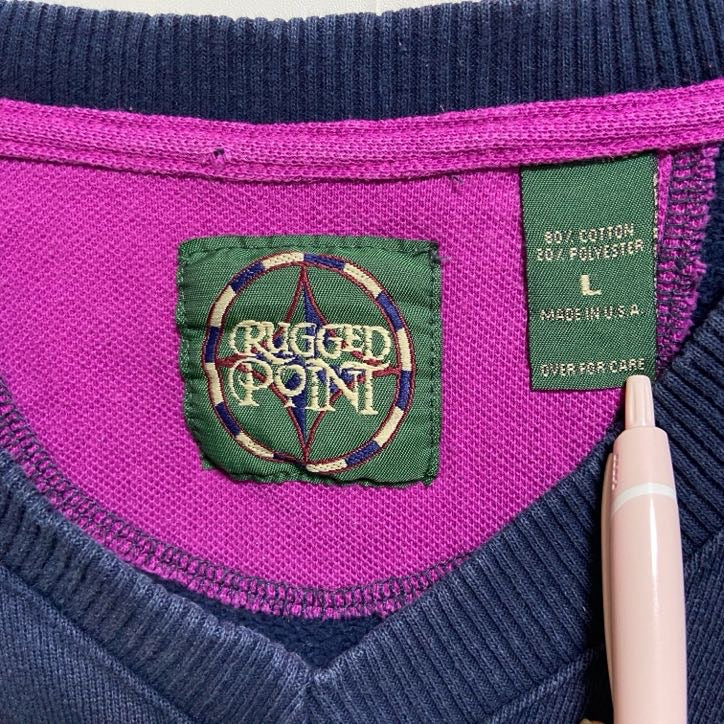 ～90s　RUGGEDPONIT　Vネックニットベスト　ワンポイント刺繍　森　ネイビー　紺　Lサイズ　　ヴィンテージ　古着
