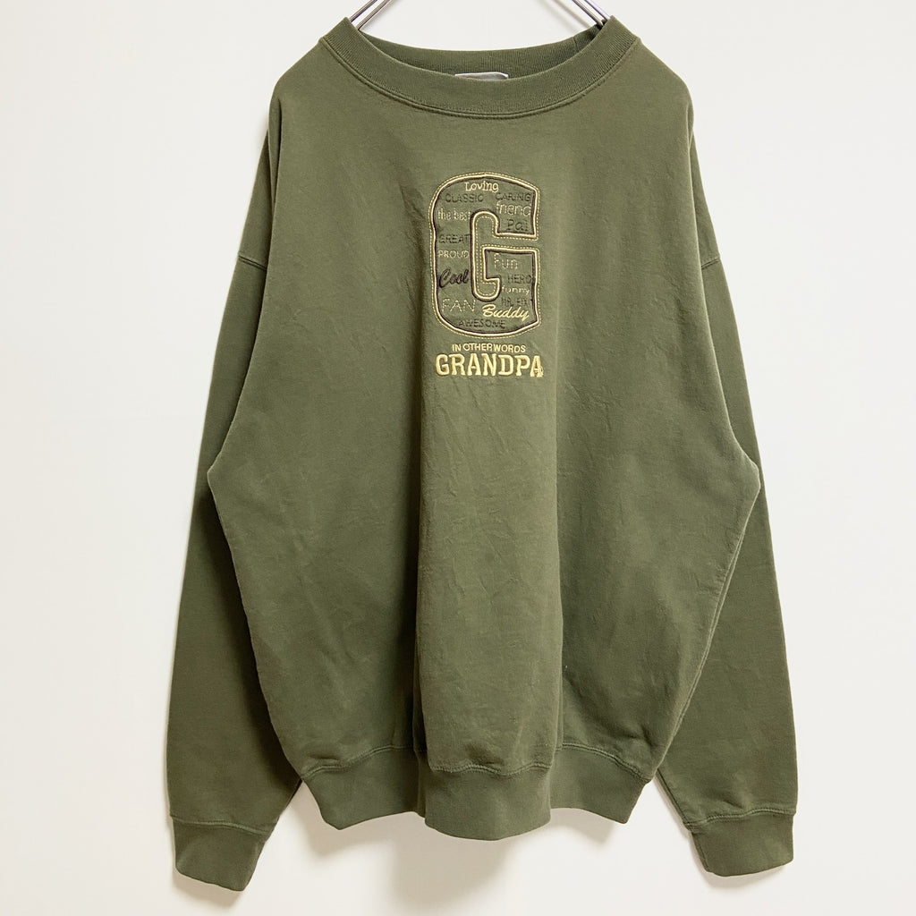 MCSPORT　長袖刺繍スウェット　トレーナー　GRANDPA　緑　グリーン　ビッグシルエット　XLサイズ　古着