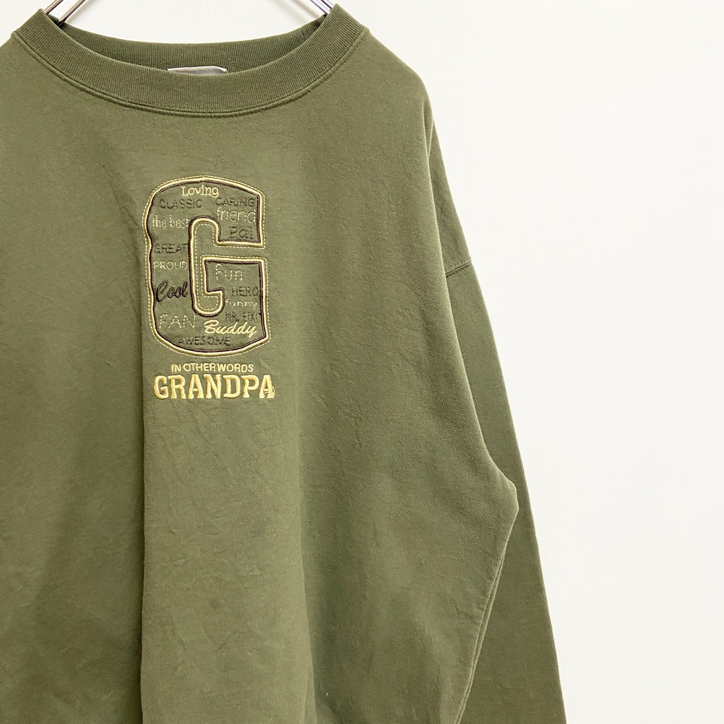 MCSPORT　長袖刺繍スウェット　トレーナー　GRANDPA　緑　グリーン　ビッグシルエット　XLサイズ　古着
