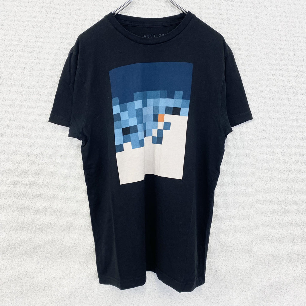 VESTIGE　半袖プリントTシャツ　ブロックデザイン　カジュアル　モザイク　レトロ　クルーネック　黒　ブラック　Mサイズ　古着