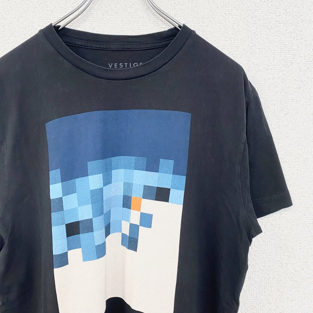 VESTIGE　半袖プリントTシャツ　ブロックデザイン　カジュアル　モザイク　レトロ　クルーネック　黒　ブラック　Mサイズ　古着