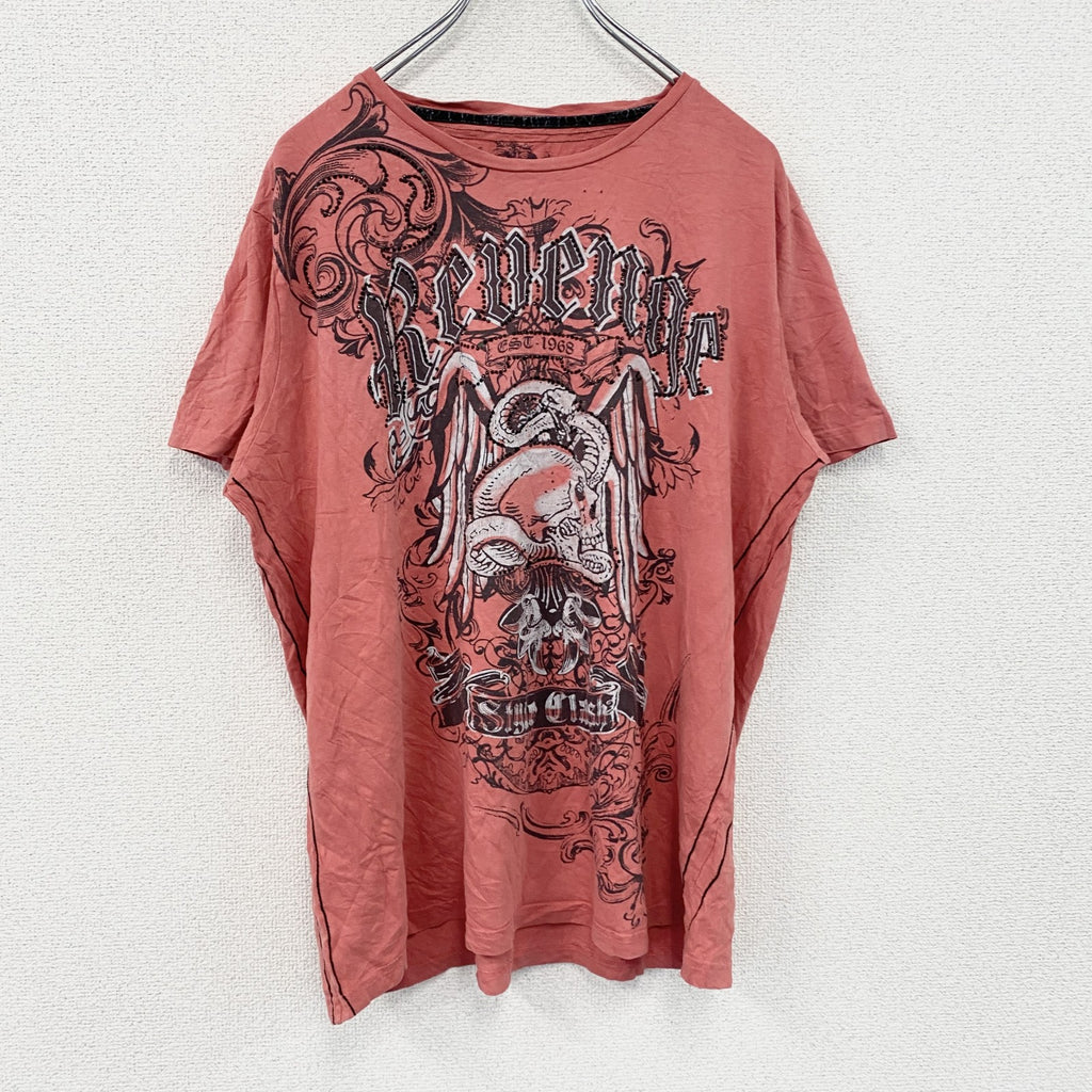BURTON　半袖プリントTシャツ　ラインストーン　フェード　アーチプリント　スカル　y2k　お兄系　赤　レッド　Lサイズ　古着
