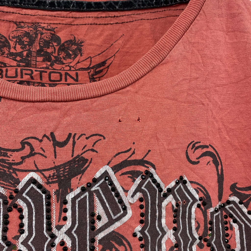 BURTON　半袖プリントTシャツ　ラインストーン　フェード　アーチプリント　スカル　y2k　お兄系　赤　レッド　Lサイズ　古着