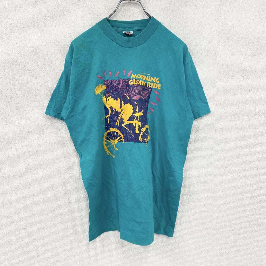 90s　FRUIT OF THE LOOM　フルーツオブザルーム　半袖プリントTシャツ　シングルステッチ　水色　ライトブルー　Mサイズ ヴィンテージ カットソー メンズ コットン 古着