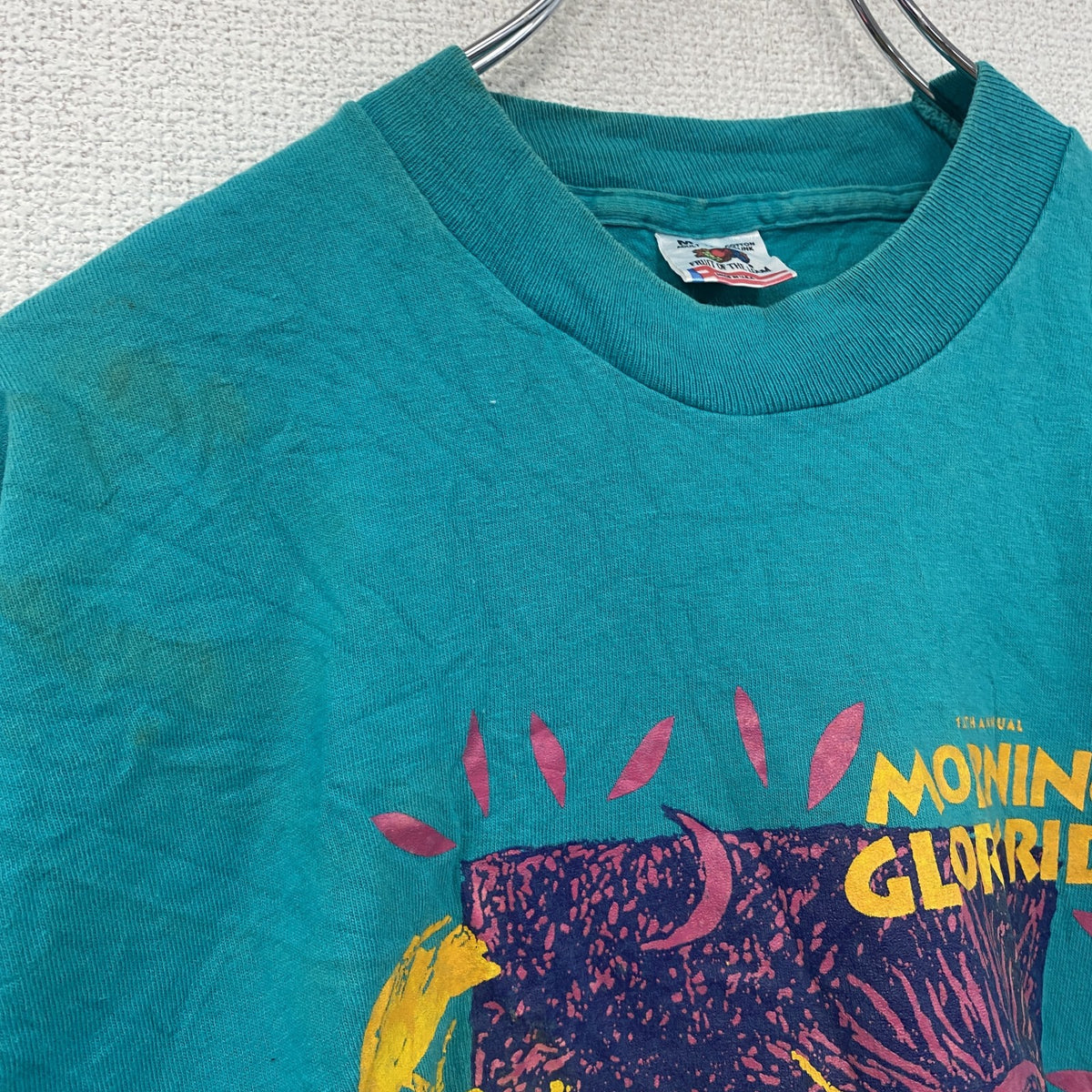 90s　FRUIT OF THE LOOM　フルーツオブザルーム　半袖プリントTシャツ　シングルステッチ　水色　ライトブルー　Mサイズ ヴィンテージ カットソー メンズ コットン 古着