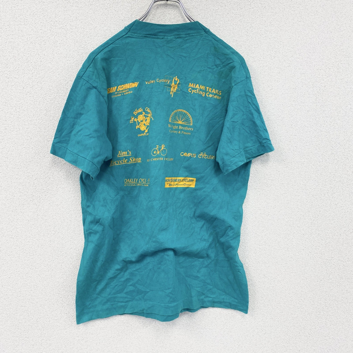 90s　FRUIT OF THE LOOM　フルーツオブザルーム　半袖プリントTシャツ　シングルステッチ　水色　ライトブルー　Mサイズ ヴィンテージ カットソー メンズ コットン 古着
