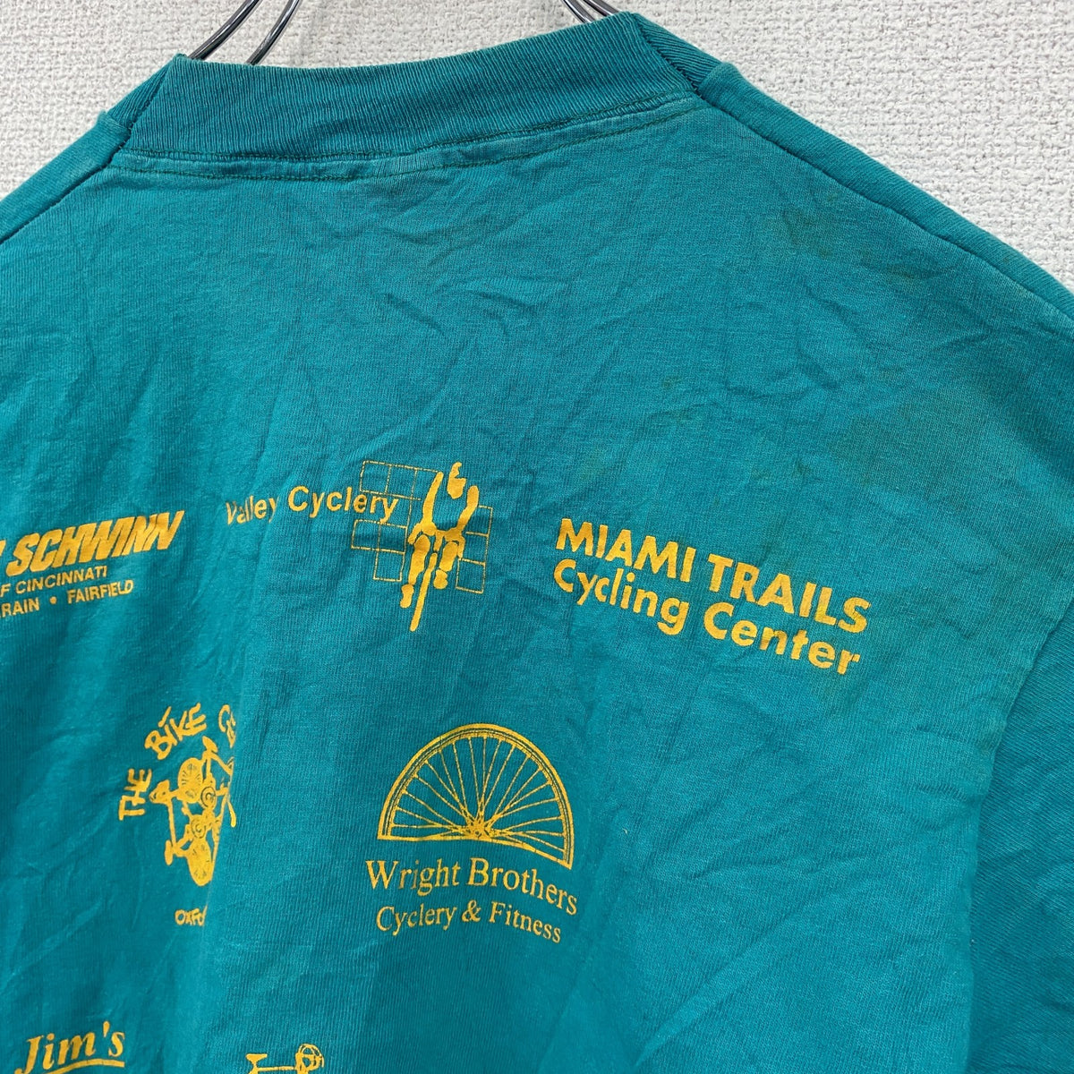 90s　FRUIT OF THE LOOM　フルーツオブザルーム　半袖プリントTシャツ　シングルステッチ　水色　ライトブルー　Mサイズ ヴィンテージ カットソー メンズ コットン 古着