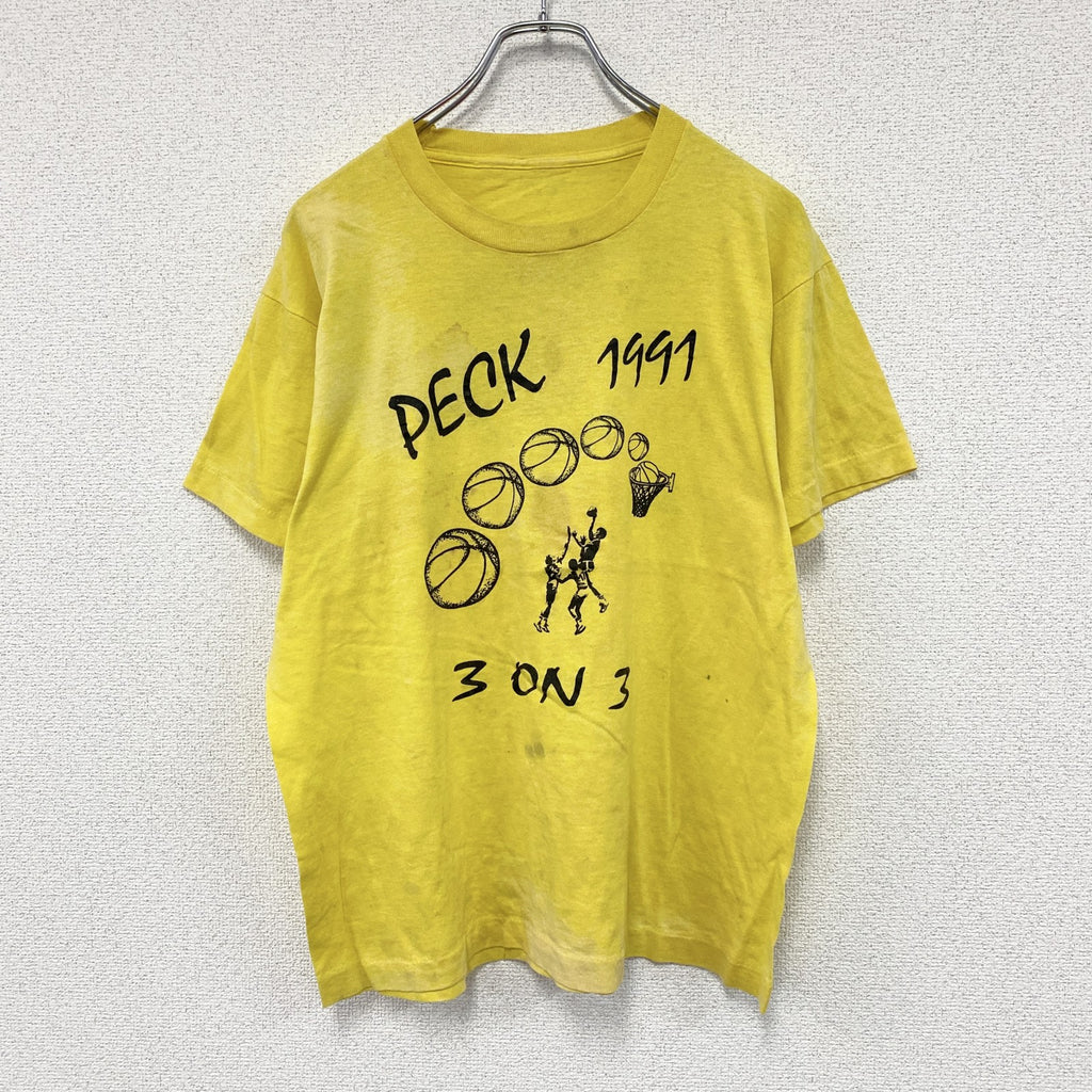 半袖プリントTシャツ　ヴィンテージ　シングルステッチ　黄色　イエロー　古着