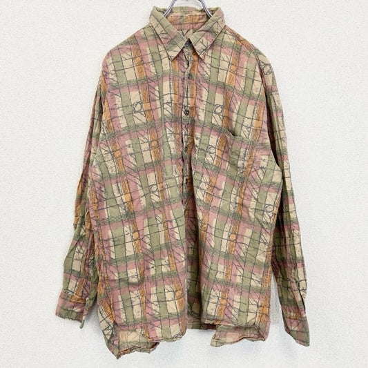 古着 used　GLOBE TROTTER　長袖プリント総柄シャツ　レトロデザイン　胸ポケット　チェック　ベージュ　