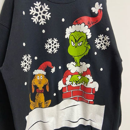 古着 used　THEGRINCH　グリンチ　長袖ビッグプリントスウェット　トレーナー　キャラクター　クリスマス　黒　Mサイズ