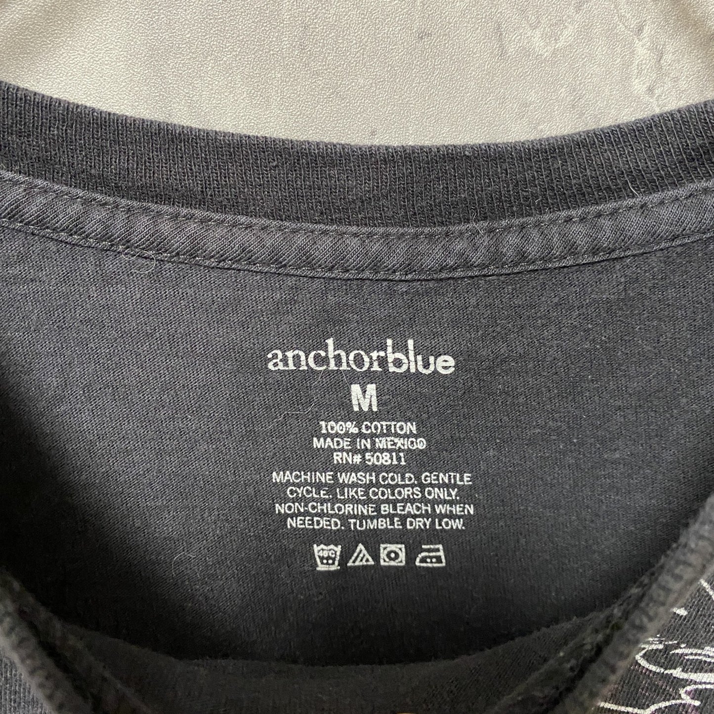 古着 used　anchorblue　半袖クルーネックプリントTシャツ　バックプリント　個性的　レトロデザイン　ブラック　Mサイズ