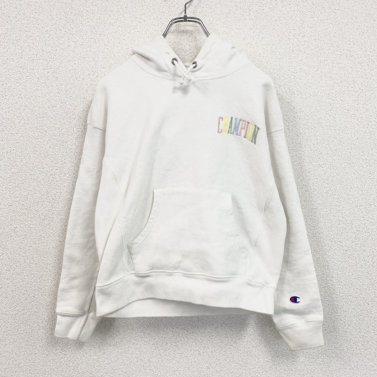 Champion　チャンピオン　リバースウィーブ　スウェットパーカー/フーディー　刺繍ロゴ　デカロゴ　現行　白　ホワイト　Sサイズ　古着