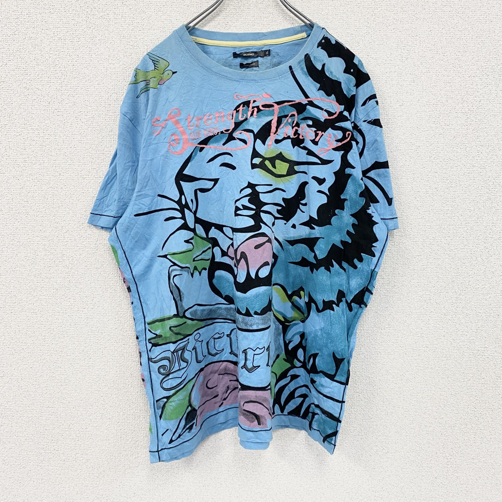 BLEND　半袖プリントアニマルTシャツ　シングルステッチ　EdHardy風　虎　水色　ライトブルー　XLサイズ　古着