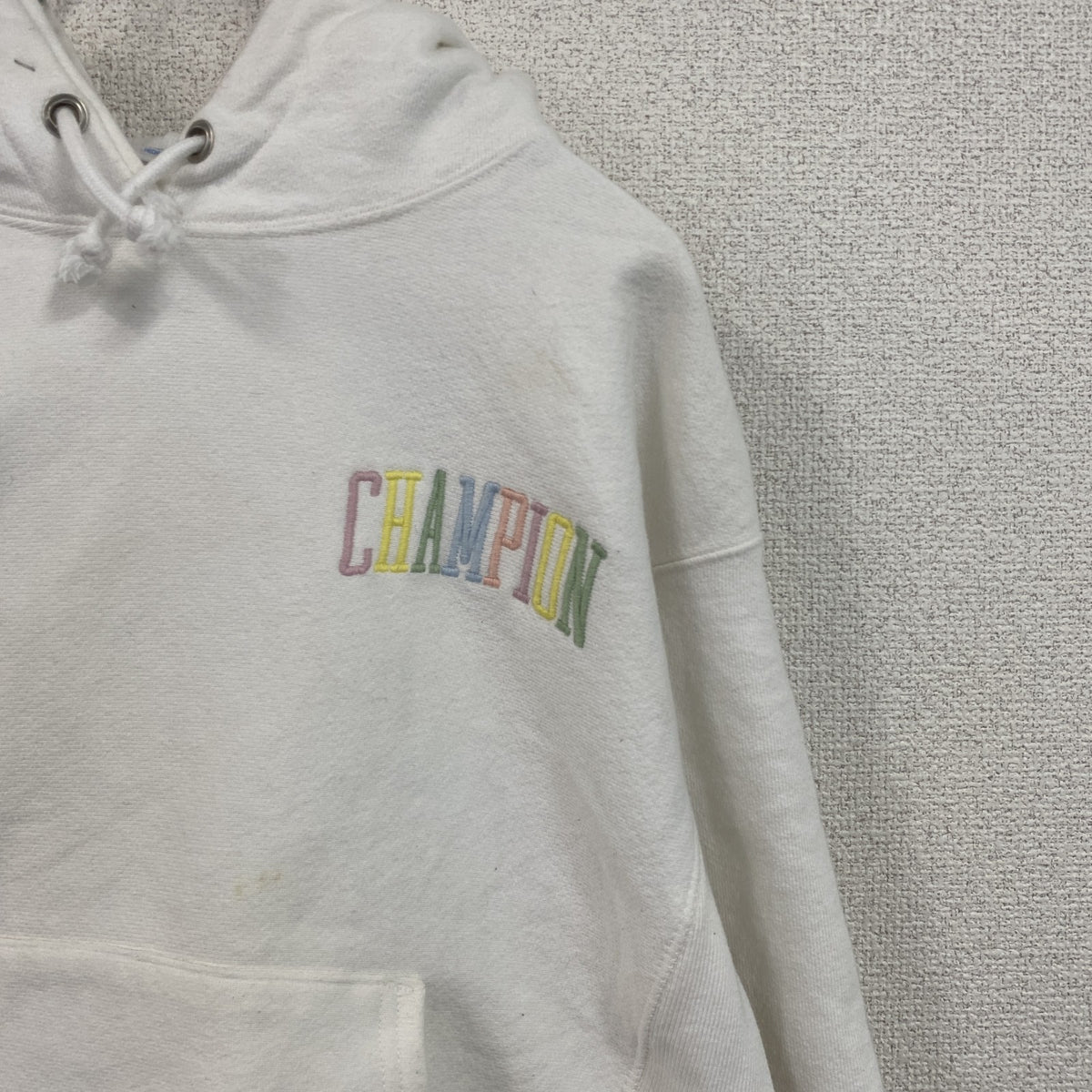 Champion　チャンピオン　リバースウィーブ　スウェットパーカー/フーディー　刺繍ロゴ　デカロゴ　現行　白　ホワイト　Sサイズ　古着