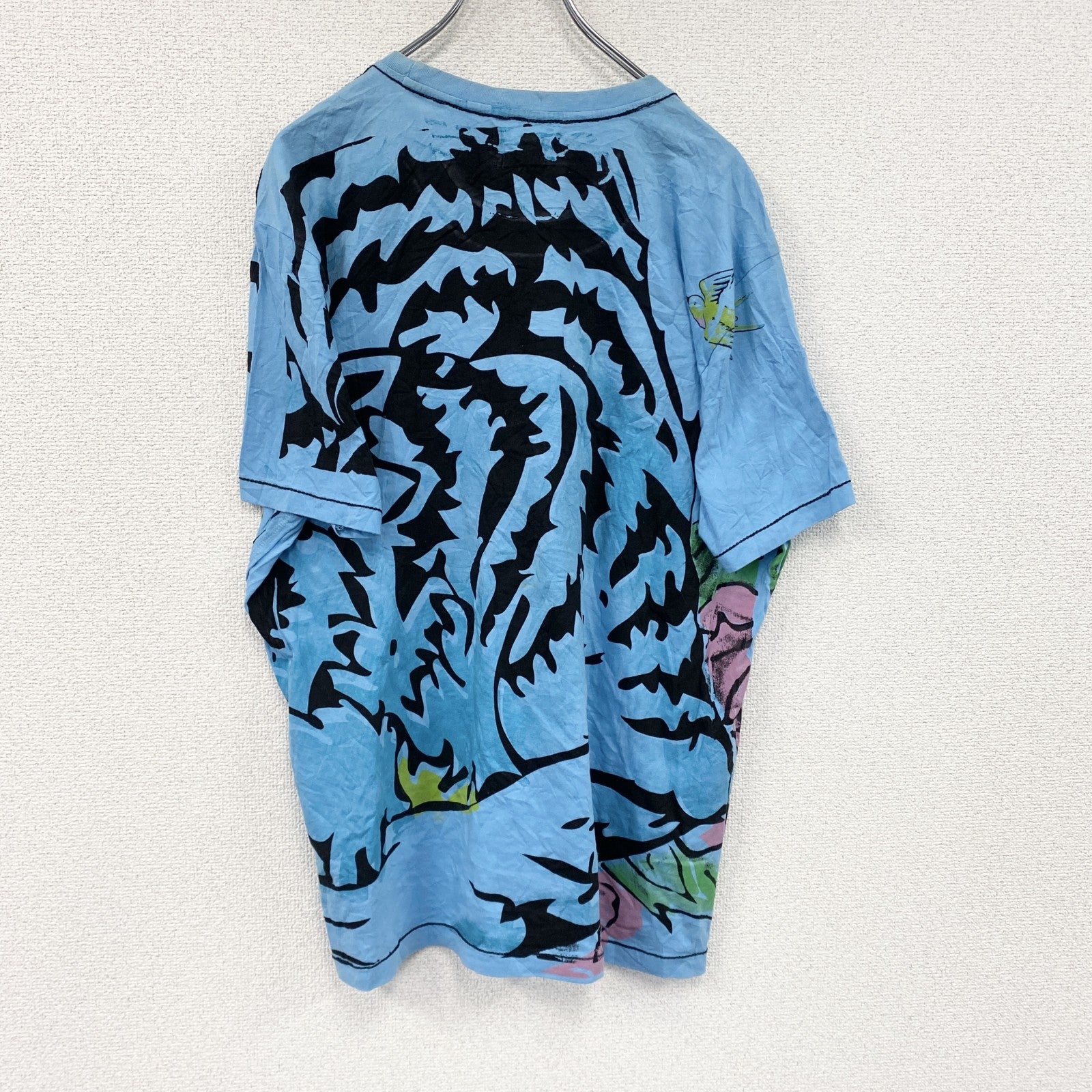 BLEND　半袖プリントアニマルTシャツ　シングルステッチ　EdHardy風　虎　水色　ライトブルー　XLサイズ　古着