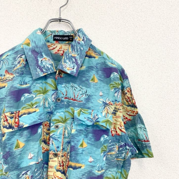 半袖プリント総柄シャツ　レトロデザイン　アロハ　ビーチ　ハワイアン　海　サンサーフ　青　ブルー　Mサイズ　古着