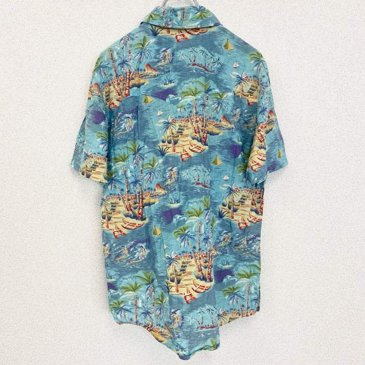 半袖プリント総柄シャツ　レトロデザイン　アロハ　ビーチ　ハワイアン　海　サンサーフ　青　ブルー　Mサイズ　古着
