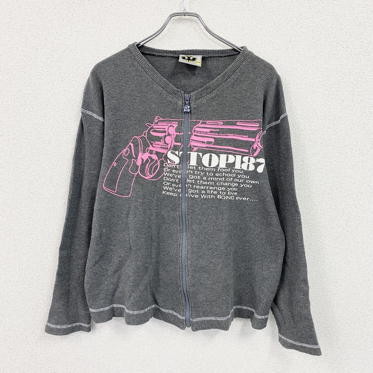 B.O.H.G. ORIGINAL CLOTHING　フルジップ長袖Tシャツ　サーマルロンT　8連プリント　ダークグレー　Mサイズ　古着