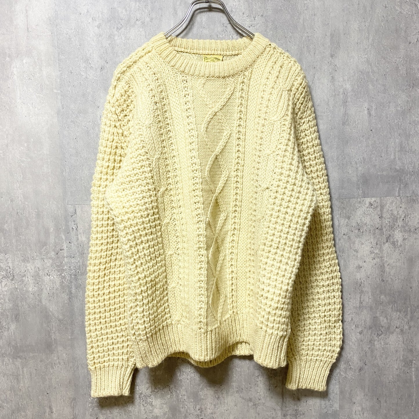 古着 used　～80s　アイルランド製　ウール　長袖フィッシャーマンニット　セーター　アランニット　ケーブル　白　Lサイズ