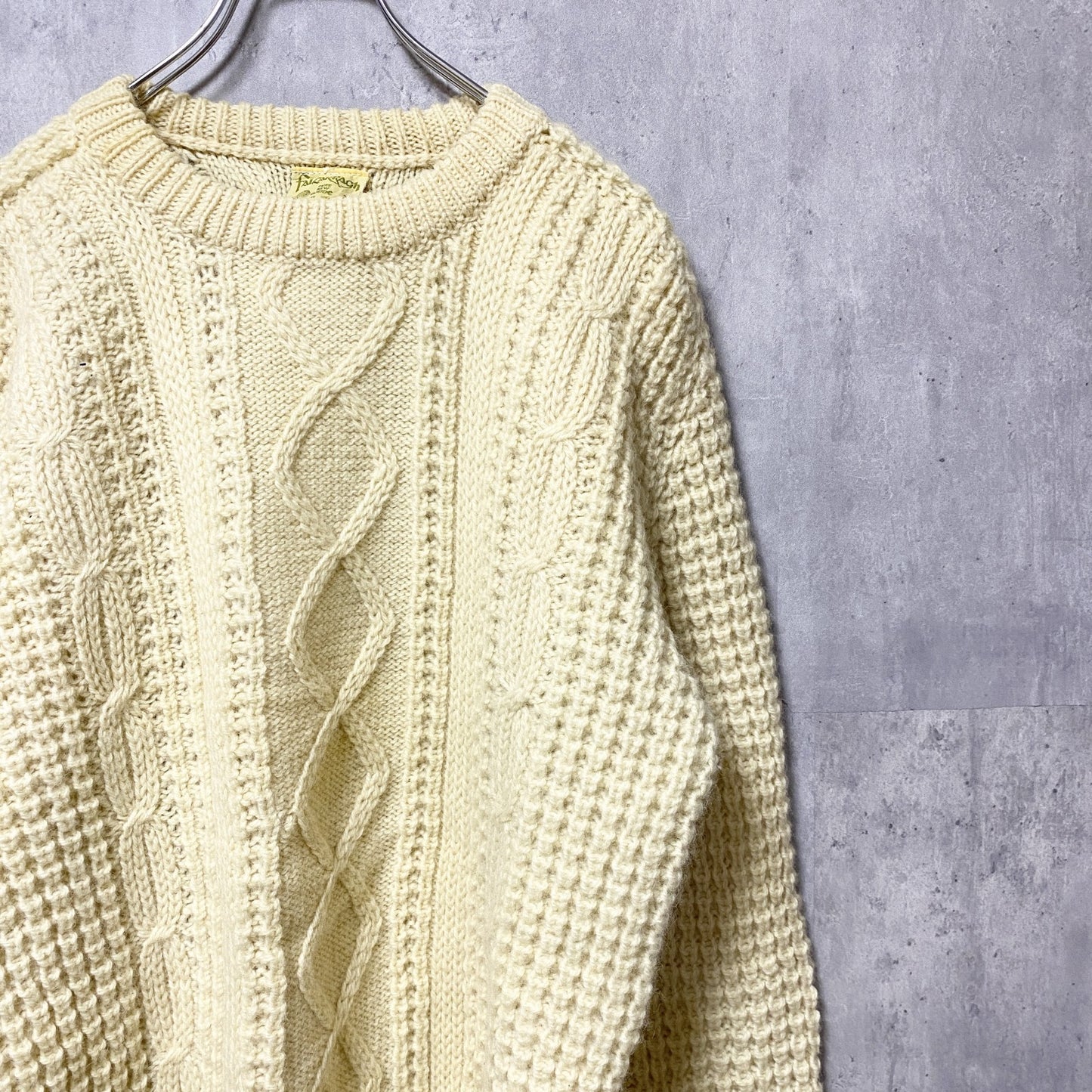 古着 used　～80s　アイルランド製　ウール　長袖フィッシャーマンニット　セーター　アランニット　ケーブル　白　Lサイズ