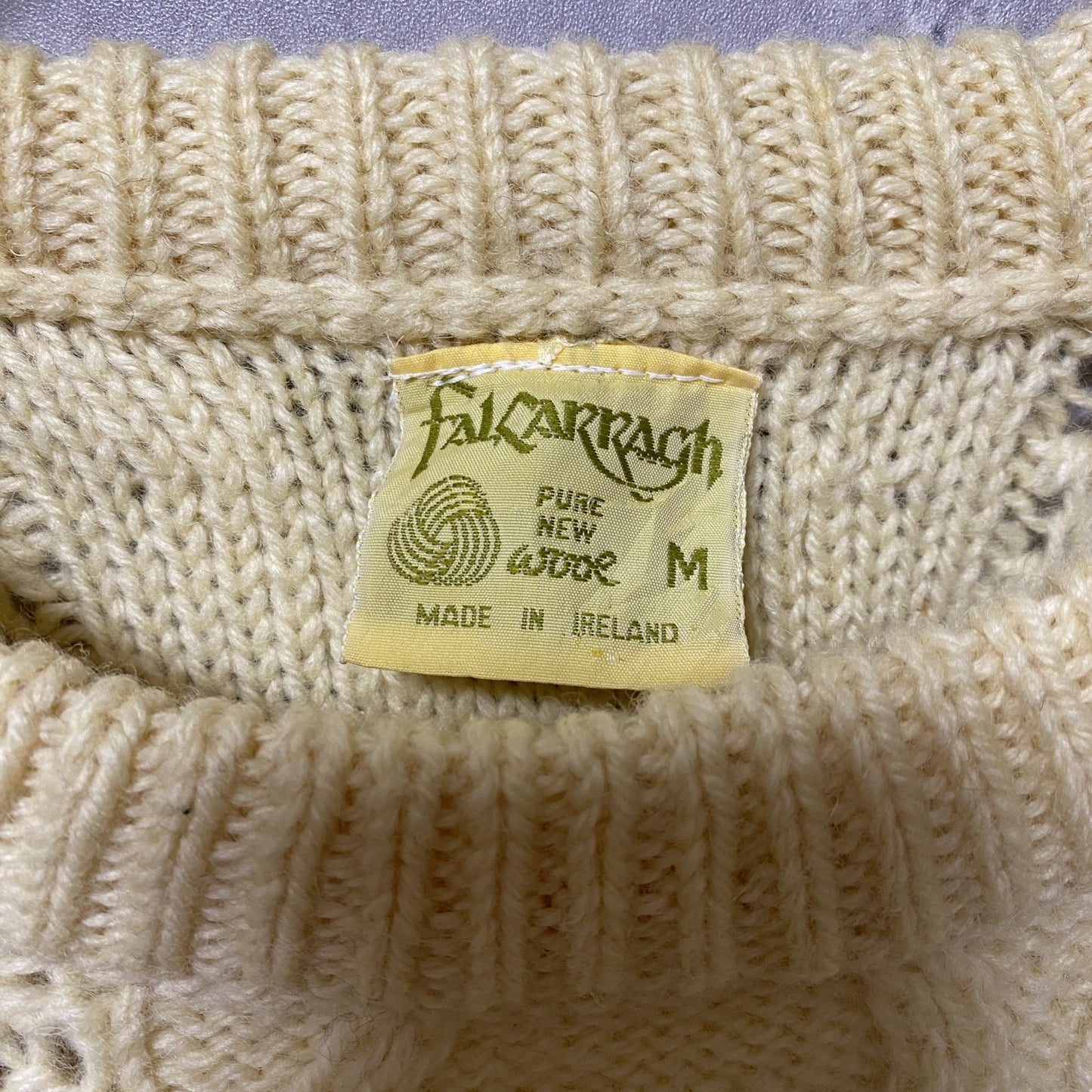 古着 used　～80s　アイルランド製　ウール　長袖フィッシャーマンニット　セーター　アランニット　ケーブル　白　Lサイズ