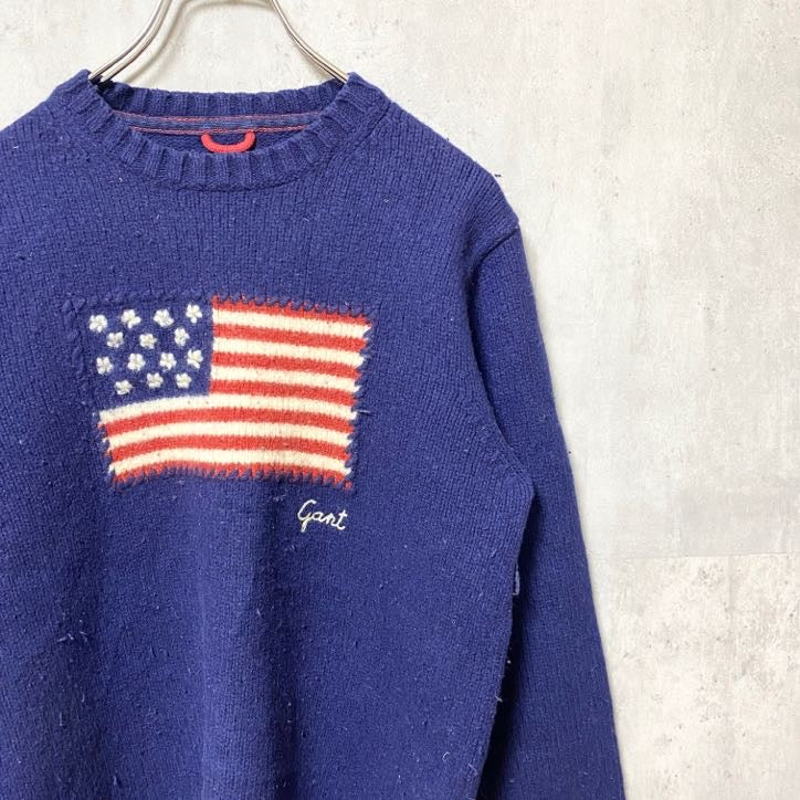 古着 used　GANT　長袖US国旗柄ウールニット　セーター　刺繍　ネイビー　アメリカ　秋冬服　個性的　クルーネック　Mサイズ