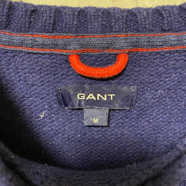 古着 used　GANT　長袖US国旗柄ウールニット　セーター　刺繍　ネイビー　アメリカ　秋冬服　個性的　クルーネック　Mサイズ