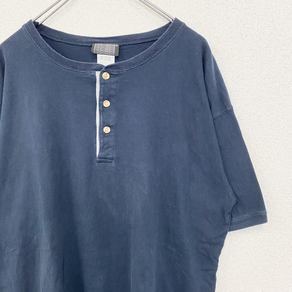 KNIGHTSBRIDGE　半袖無地Tシャツ　シンプルデザイン　ノームコア　ヘンリーネック　ネイビー　紺　Lサイズ　古着