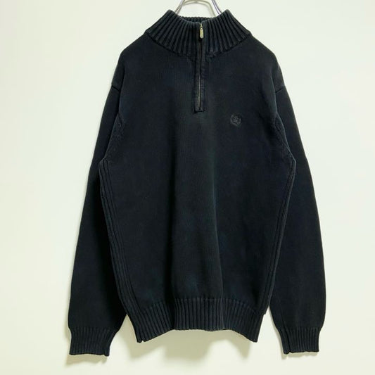 古着 used　IZOD　アイゾッド　長袖ハーフジップニット　セーター　ワンポイント刺繡　黒　ブラック　秋冬服　Mサイズ