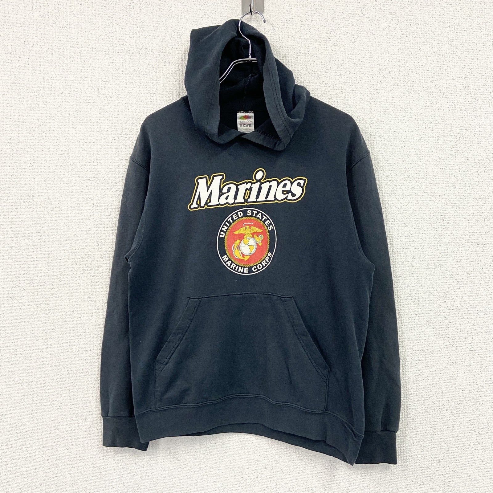 90s　FRUIT OF THE LOOM　フルーツオブザルーム　U.S MARINES　アメリカ海兵隊　スウェットパーカー/フーディー　黒　ブラック　Mサイズ　古着