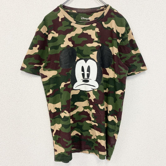 古着 used　Disney ディズニー　半袖迷彩柄ミッキープリントTシャツ　クルーネック　レトロ　刺繍ロゴ　カモ柄　Mサイズ