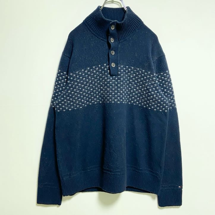 古着 used　TOMMYHILFIGER　長袖ハーフボタンニット　セーター　ネイビー　秋冬服　ビッグシルエット　XXLサイズ