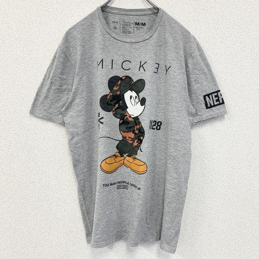 古着 used　Disney ディズニー　半袖ミッキーマウスプリントTシャツ　迷彩柄　クルーネック　グレー　レトロ　Mサイズ　