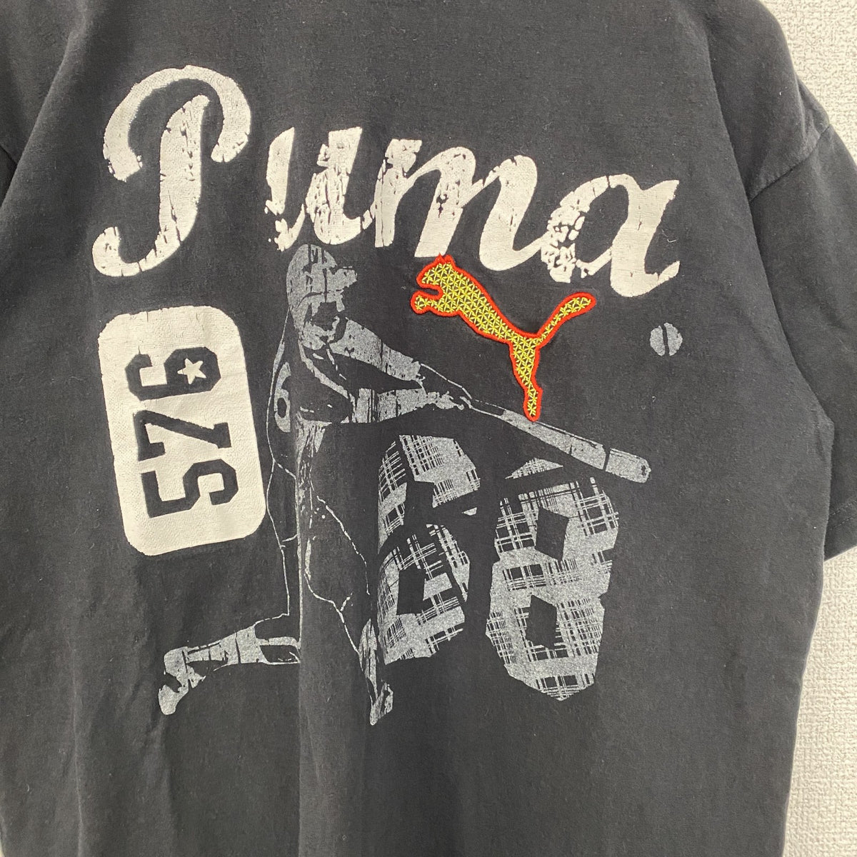 puma　プーマ　半袖プリントTシャツ　レトロデザイン　クルーネック　スポーツ　野球　68　黒　ブラック　古着