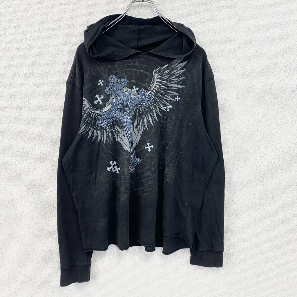 no boundaries　ノーバウンダリーズ　長袖Tシャツ/ロンT　フーディー　十字架　y2k　お兄系　黒　ブラック　Lサイズ　古着