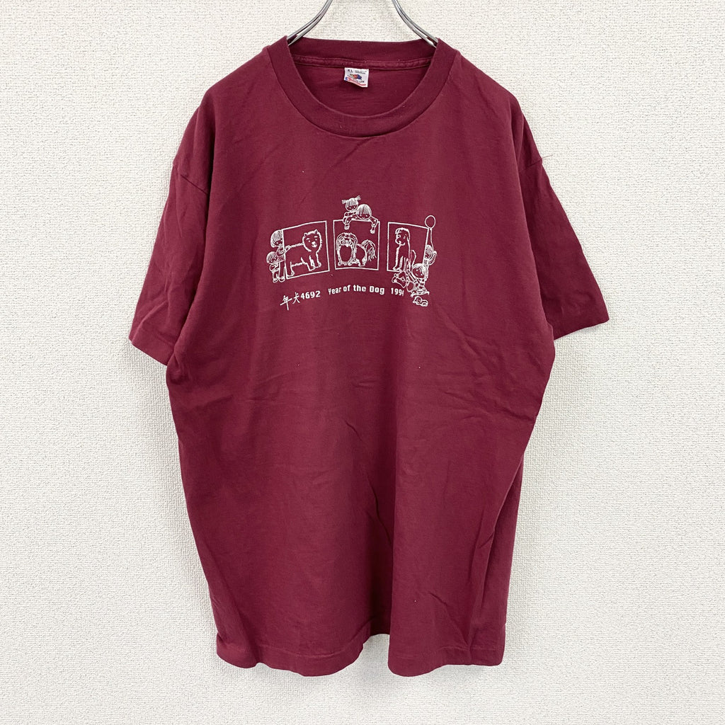 FRUIT OF THE LOOM　半袖プリントTシャツ　シングルステッチ　ヴィンテージ　ボルドー　XLサイズ　古着
