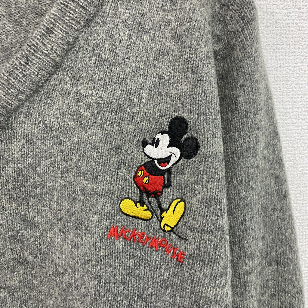 Disney　ディズニー　Mickey Mouse　ウールニットセーター　Vネック　ラグランスリーブ　刺繍ロゴ　ダークグレー レディース 古着