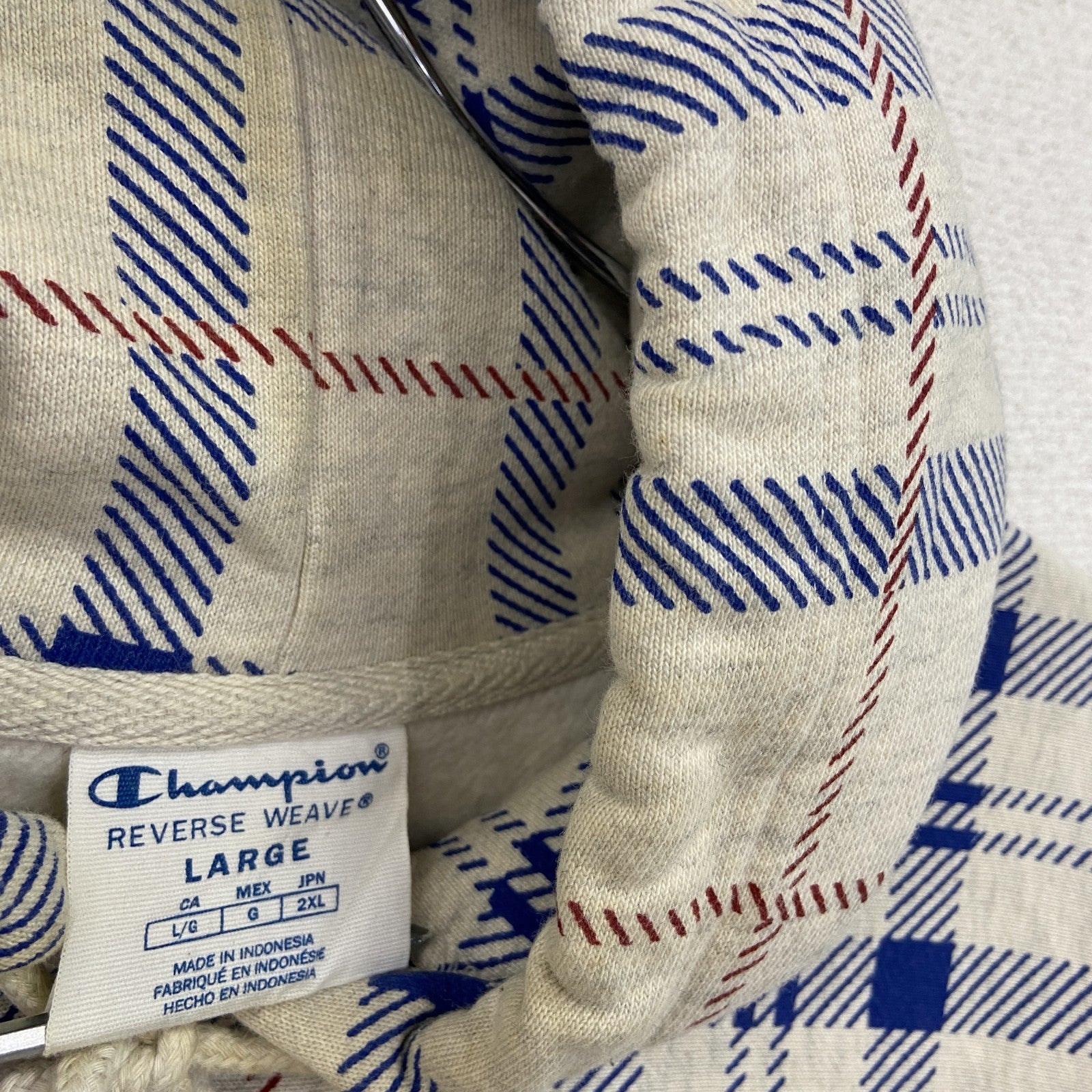 Champion　チャンピオン　リバースウィーブ　スウェットパーカー/フーディー　チェック柄　ホワイト　2XLサイズ　古着